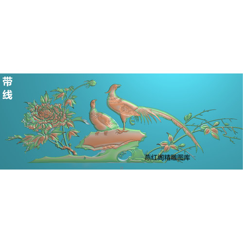 牡丹花鸟沙发床靠背板凤凰锦鸡牡丹花茶台挡板横板精雕图灰度图