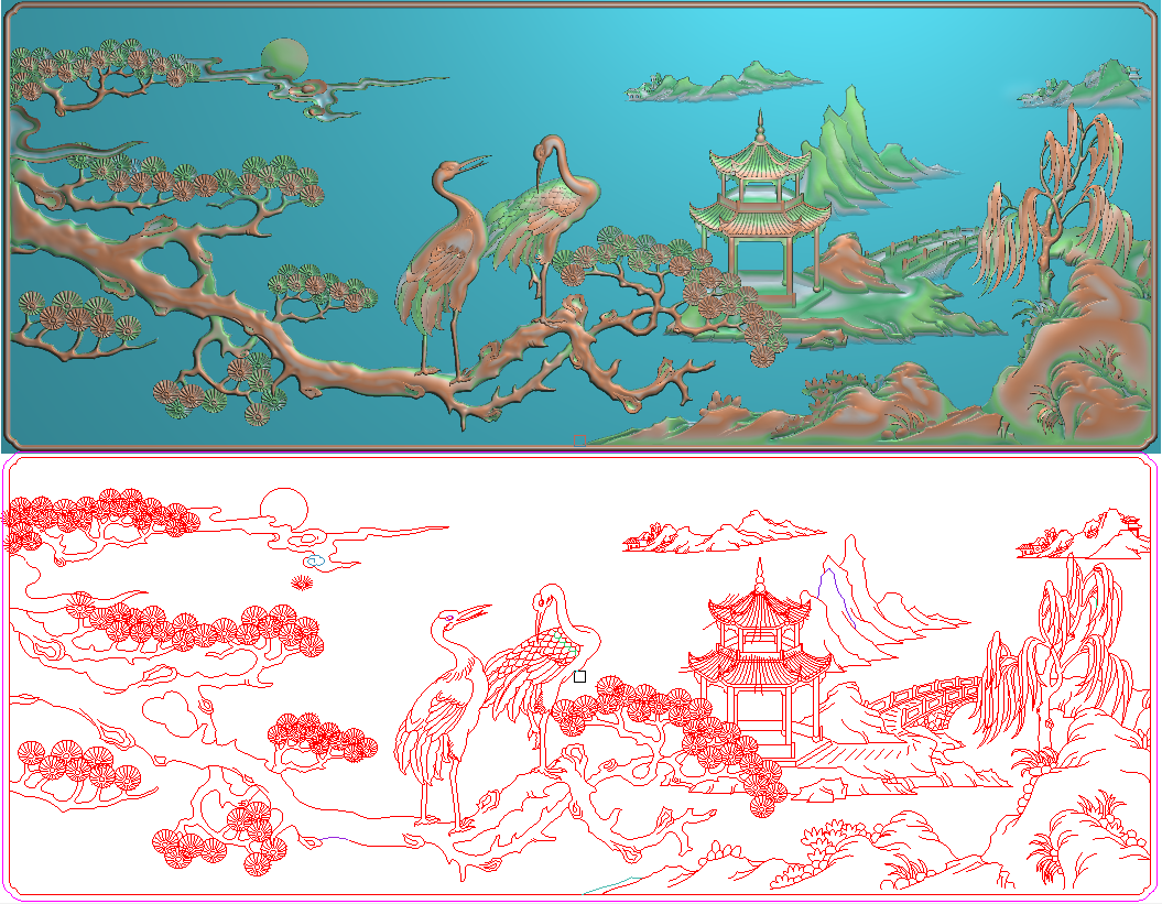 松鹤靠背精雕图灰度图浮雕图仙鹤延年山水沙发大床横背板768x299