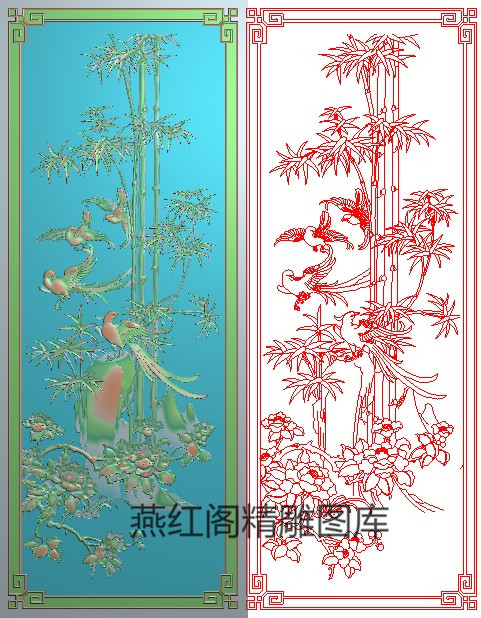 新款花鸟大门板精雕图灰度图浮雕竹子牡丹花凤凰背板竖板432x1130
