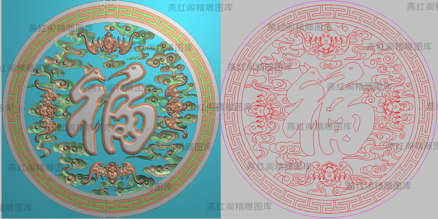 新款精雕图灰度浮雕精品蝙蝠祥云福字五福工字线圆挂屏1000x1000