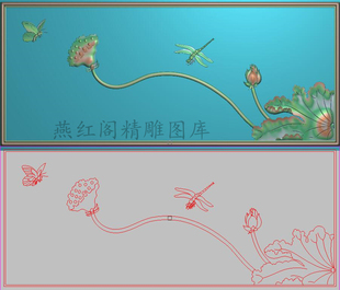 精雕图荷花蜻蜓灰度浮雕图精品花鸟床中背板荷花蝴蝶莲花750x319