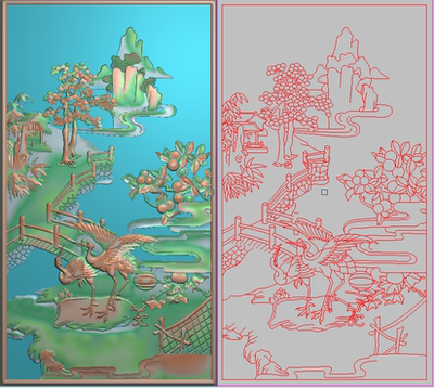 山水竖板精雕图灰度图松鹤竹子拱桥柿子如意山水背板门板228x408