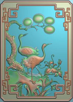 新款精雕图灰度图浮雕图精品檀雕花鸟松鹤背板门板竖板183x253