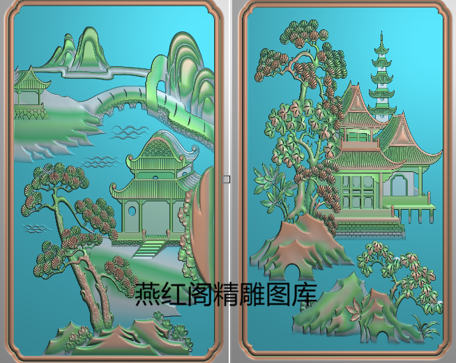 精雕图灰度图山水楼阁房子宝塔凉亭松树枫树拱桥背板门板167x281