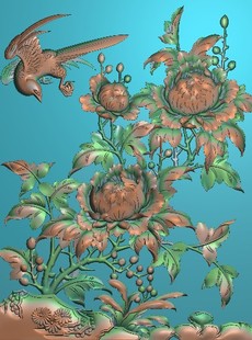 新款牡丹花鸟佛龛矮柜门板藏式深雕精雕图灰度图浮雕图富贵牡丹花