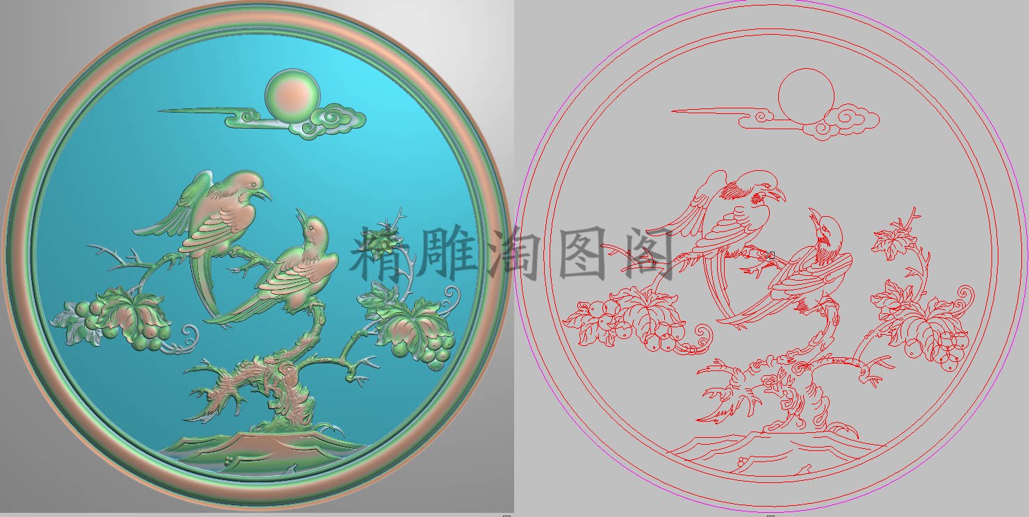 精雕图灰度图浮雕图花鸟葡萄柿子祥云太阳圆背板门板面板430x430