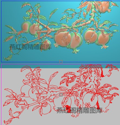 新款石榴精雕图花鸟床中背板灰度图浮雕图多子多福靠背横718x367