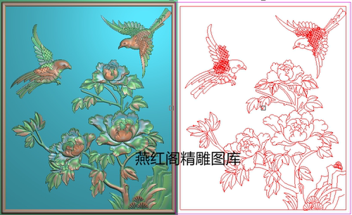 新款牡丹花鸟沙发背板床边花柜门板小方板精雕图灰度图浮雕图素材