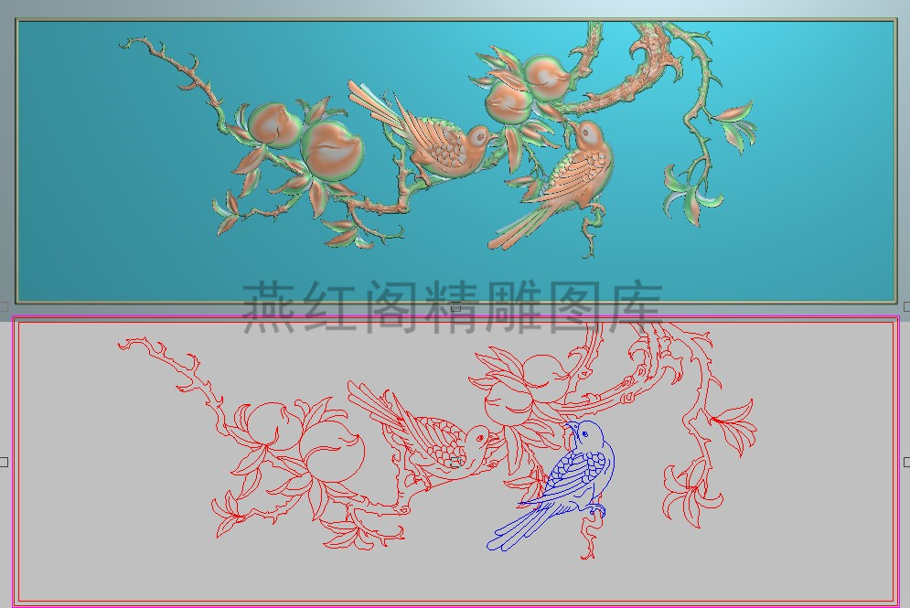 精雕图檀雕花鸟沙发床靠背灰度寿桃浮雕桃子双喜鹊背板横1033x340