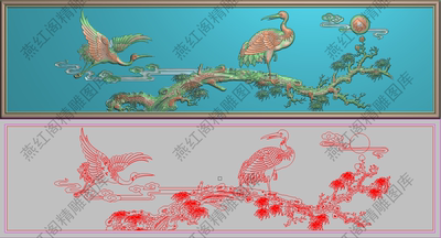 松鹤延年精雕图祥云太阳灰度图浮雕图花鸟松鹤沙发大背板838x227