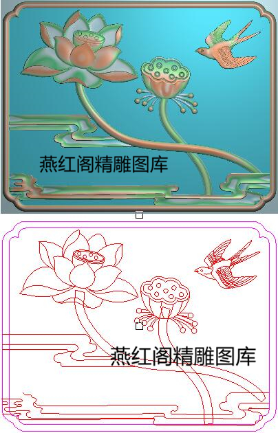 精雕图荷花花鸟沙发椅背板灰度图浮雕图莲花燕子门板324x249