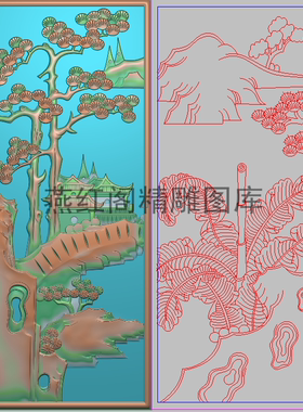 精雕图山水灰度图浮雕图精品芭蕉叶松树房子山水背板门板275x319