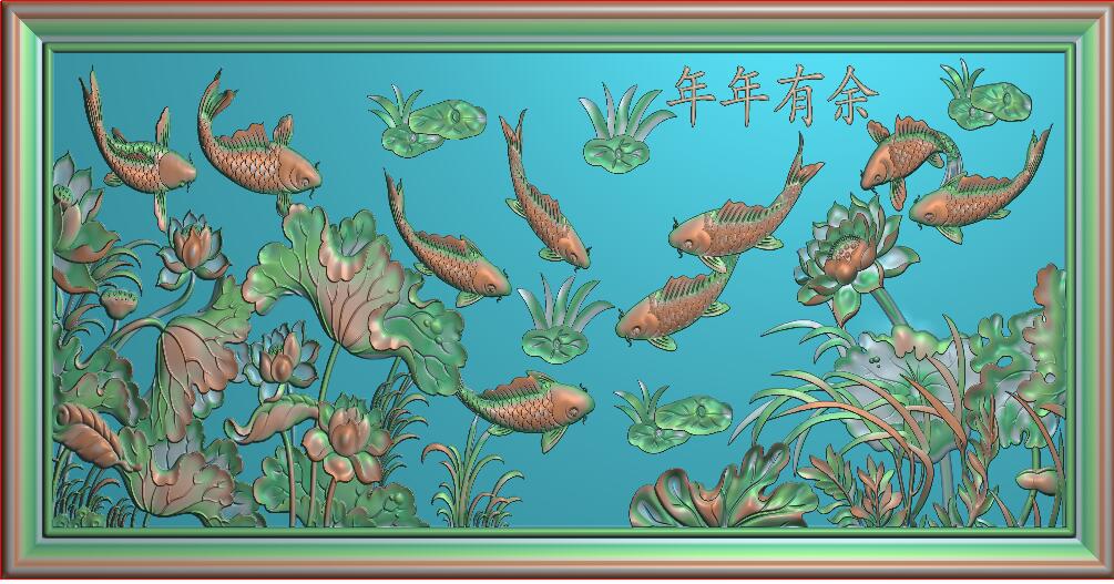 荷花鱼横屏精雕图九鱼戏莲花灰度图浮雕图年年有鱼挂牌匾玄关壁画图片