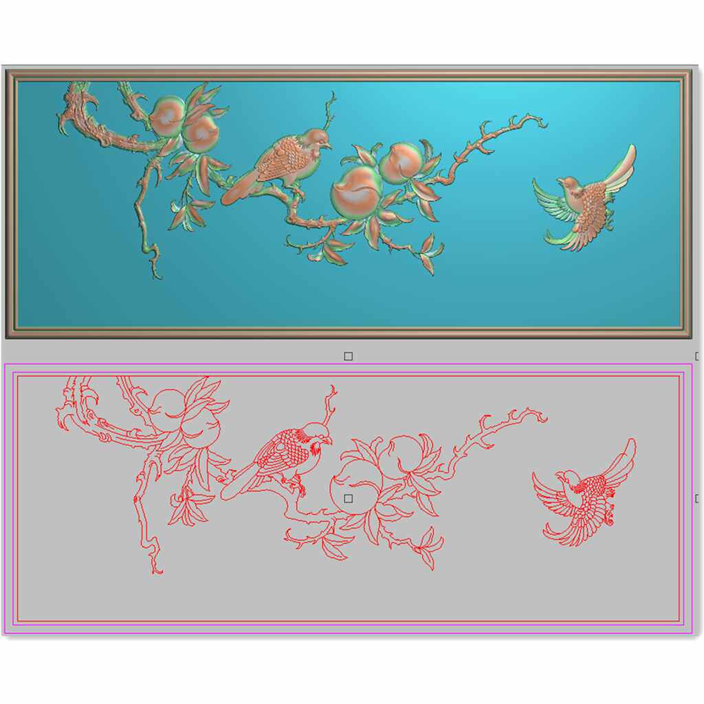 新款精雕图檀雕桃子花鸟沙发床靠背灰度图浮雕横向花鸟寿桃大背板