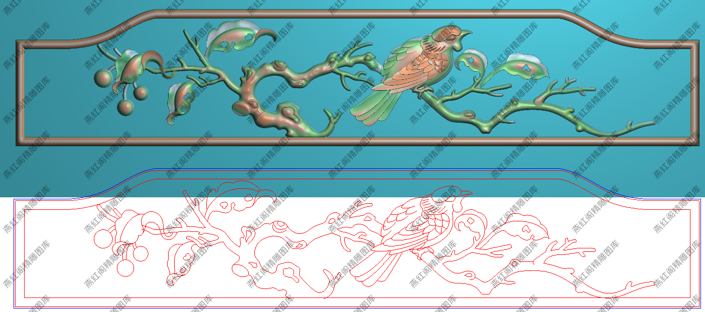 檀雕花鸟横条精雕图灰度图浮雕图雕刻图精品玉兰花鸟背上花425x95