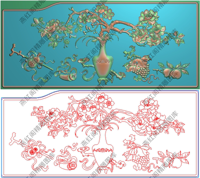 横板精雕图灰度图浮雕图雕刻图 精品茶花花瓶葡萄桃子背板510x223