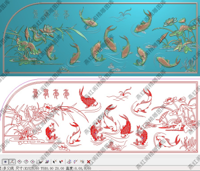 九鱼戏荷精雕图jdp横板灰度bmp莲花浮雕荷花鲤鱼床大背板1525x580
