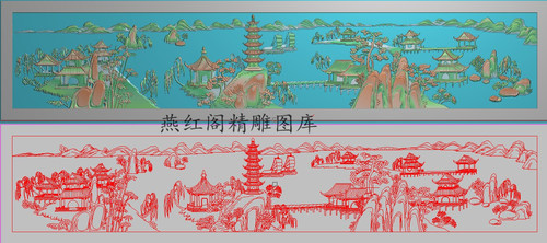 罗汉床山水精雕图大背板灰度图浮雕图凉亭柳树竹子塔1870x408群山