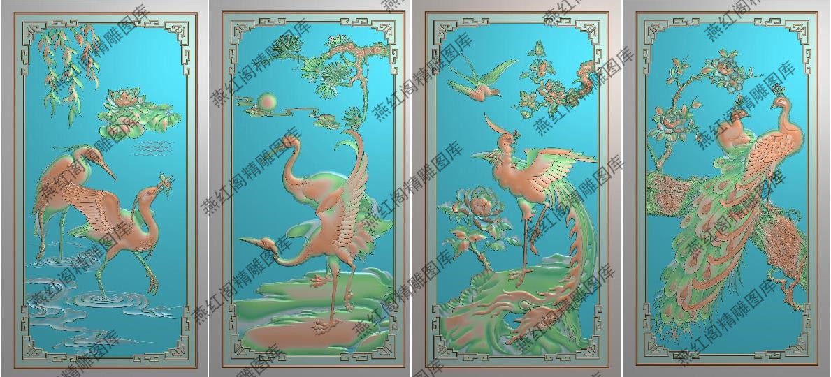荷花水鸟门板精雕图松鹤灰度图凤凰牡丹花鸟浮雕图月季孔雀背板新