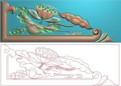 高清精雕图灰度图浮雕图电脑雕刻图 精品莲花荷花角花291x103