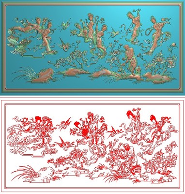 七仙女精雕图灰度图仙鹤浮雕图精品仙女沙发背板墙壁挂匾682x343