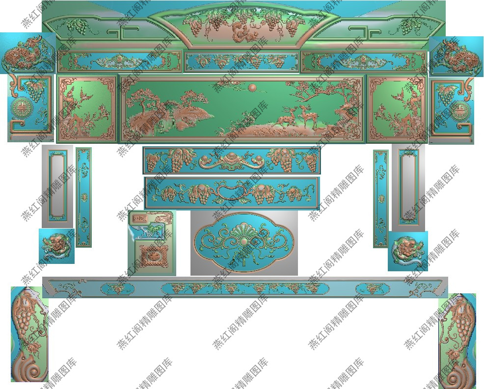 葡萄宝座精雕图灰度山水梅花鹿竹子浮雕图新款檀雕松鼠沙发套图2