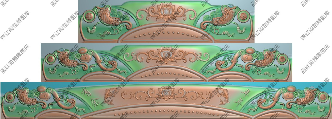 精雕图灰度莲花鱼床椅脑浮雕图如意元宝年年有余沙发123人位靠头