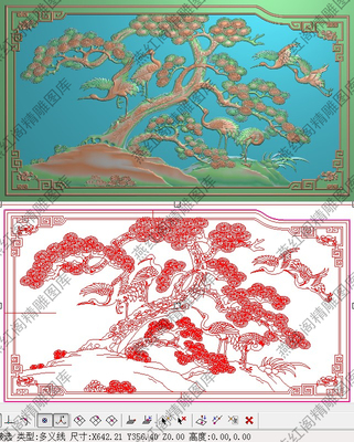 松鹤精雕图边背板灰度图浮雕图精品花鸟仙鹤沙发椅背板642x356