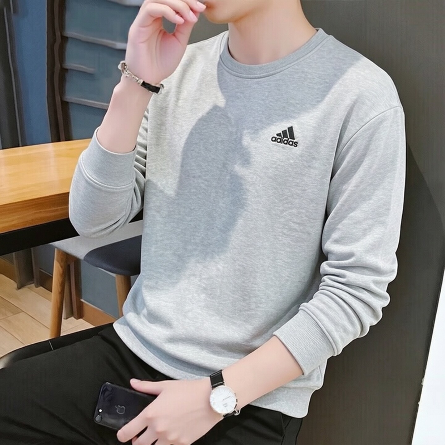 adidas阿迪达斯卫衣男秋新款复古防风篮球正品宽松男士灰色套头衫