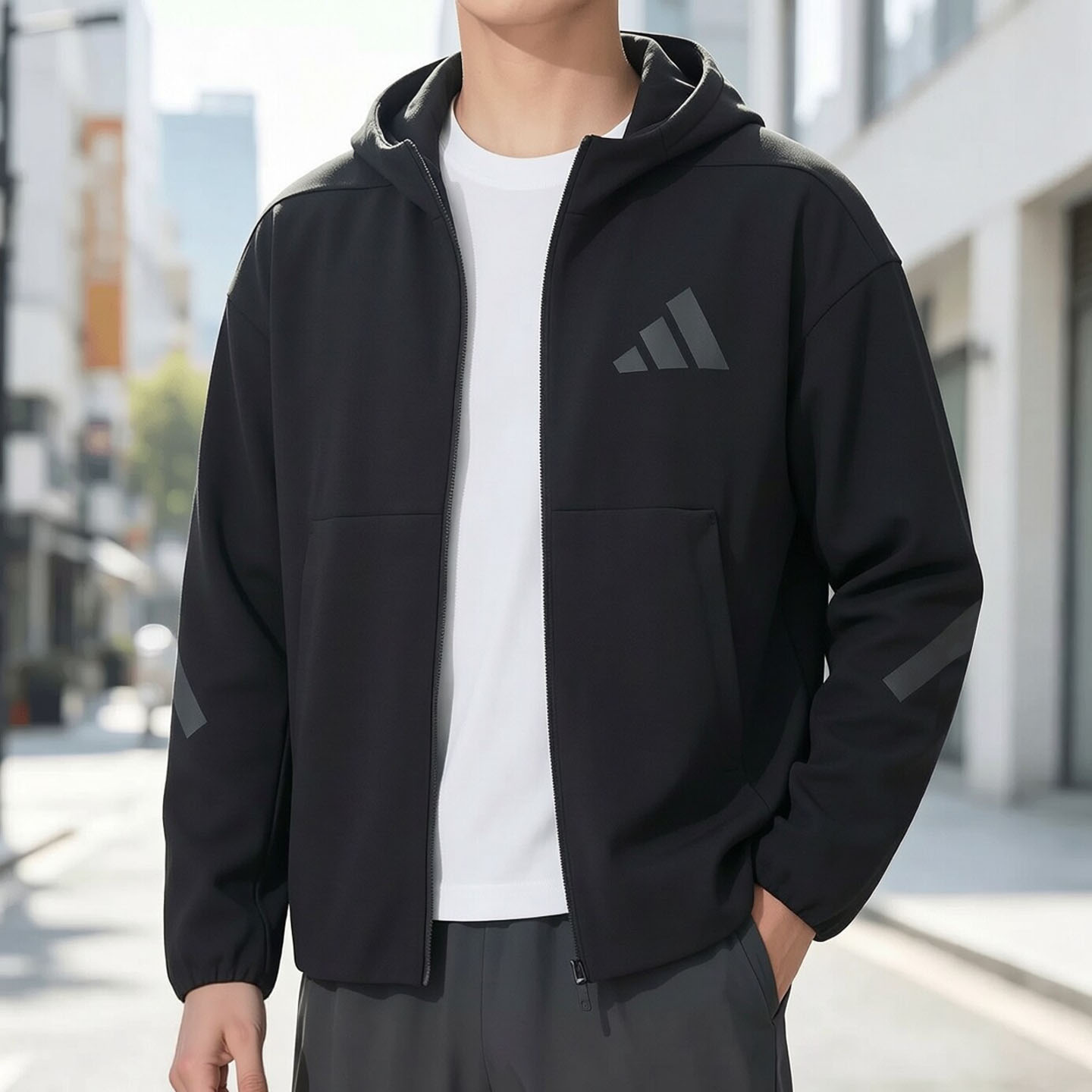 adidas阿迪达斯外套男秋季新款黑色连帽衫宽松运动服跑步休闲夹克