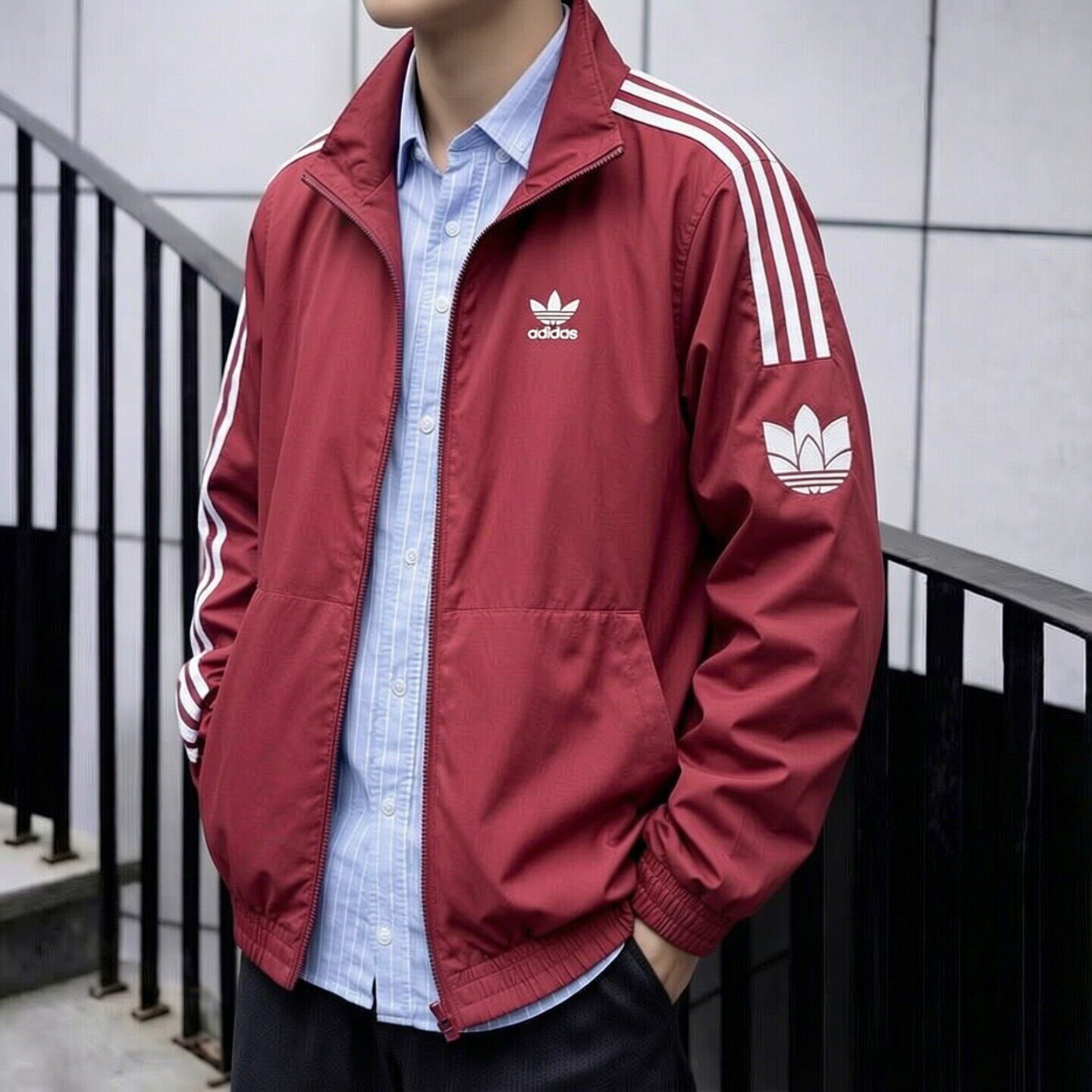 adidas三叶草梭织外套男秋季新款防风衣立领复古美式篮球棒球服男