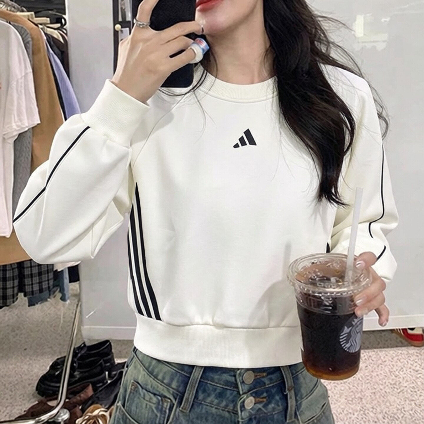 阿迪达斯白色卫衣女上衣秋季新款复古韩版短款打底衫宽松运动服