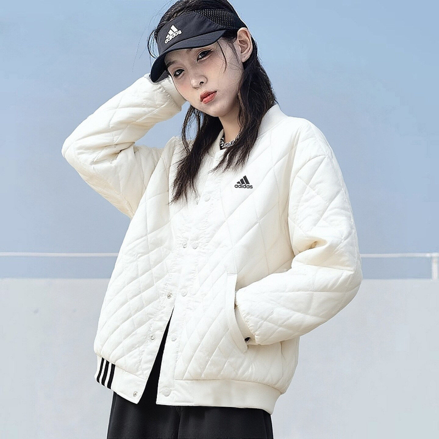 阿迪达斯夹棉棒球服女轻薄棉服秋冬新款宽松美式复古白色加厚外套