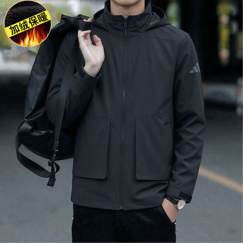 阿迪达斯工装外套男装新款宽松运动服加绒防风休闲上衣连帽夹克