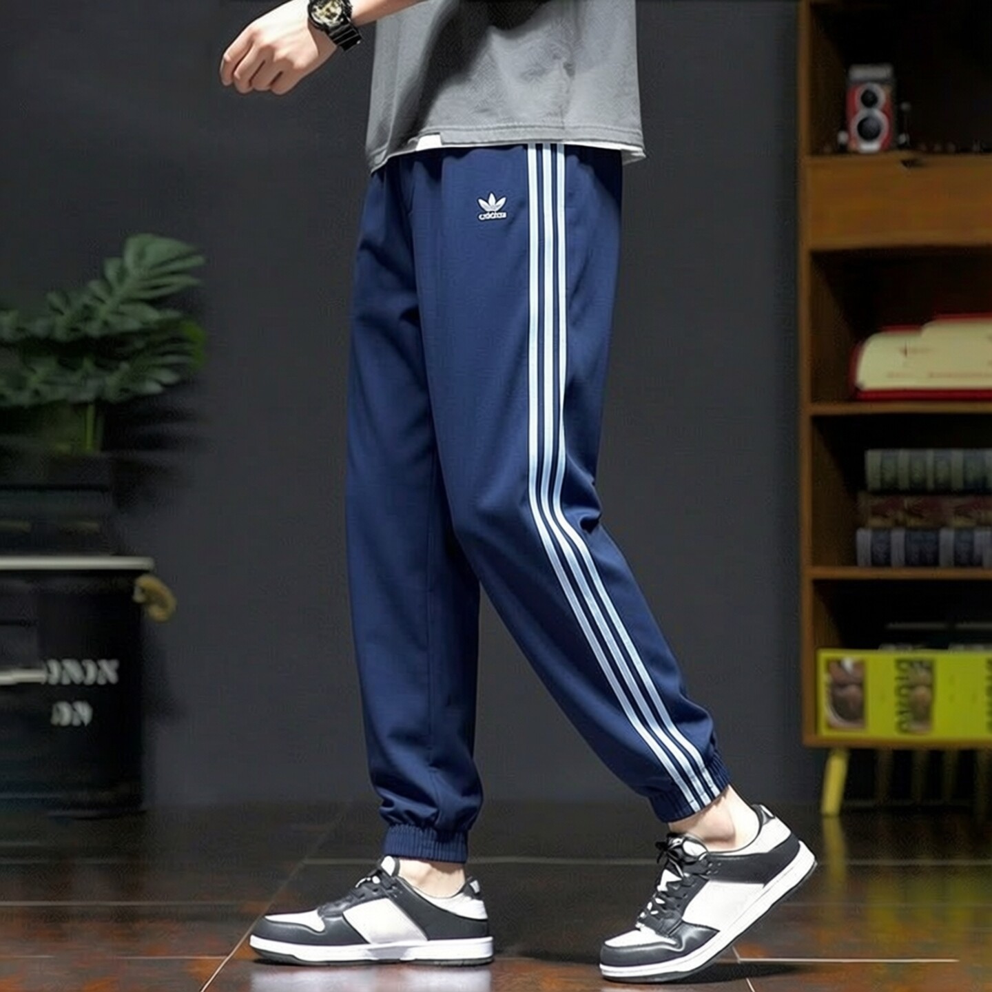 阿迪达斯夏季薄款透气宽松男裤子三叶草蓝色休闲裤束脚运动长裤