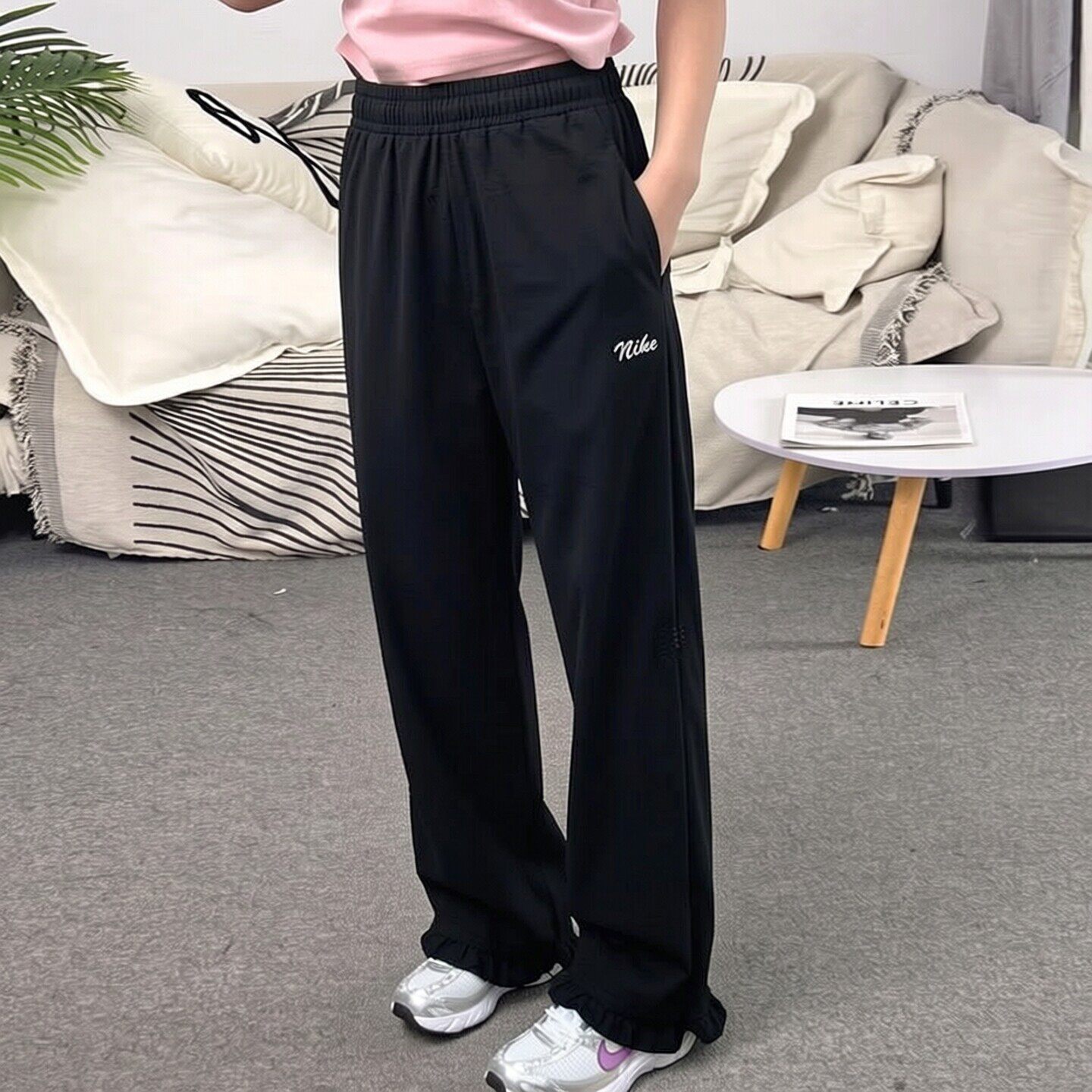 Nike耐克裤子女子针织长裤荷叶边阔腿裤宽松直筒裤新款休闲运动裤