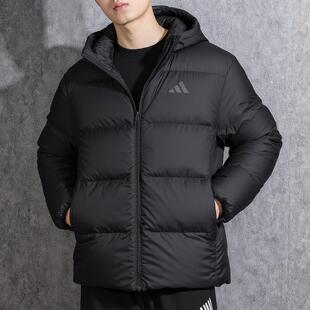 阿迪达斯男士黑色连帽羽绒服冬季新款户外防风保暖加厚面包服外套