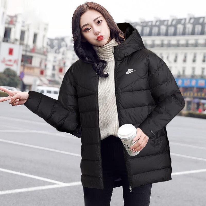 耐克羽绒服女中长款2025冬新款韩版宽松加厚灰鸭绒情侣外套潮