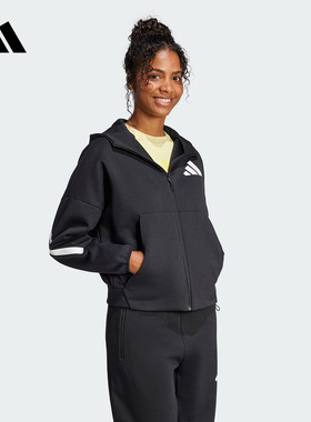 adidas阿迪达斯正品春季新款女子针织夹克连帽外套休闲短款JC5392