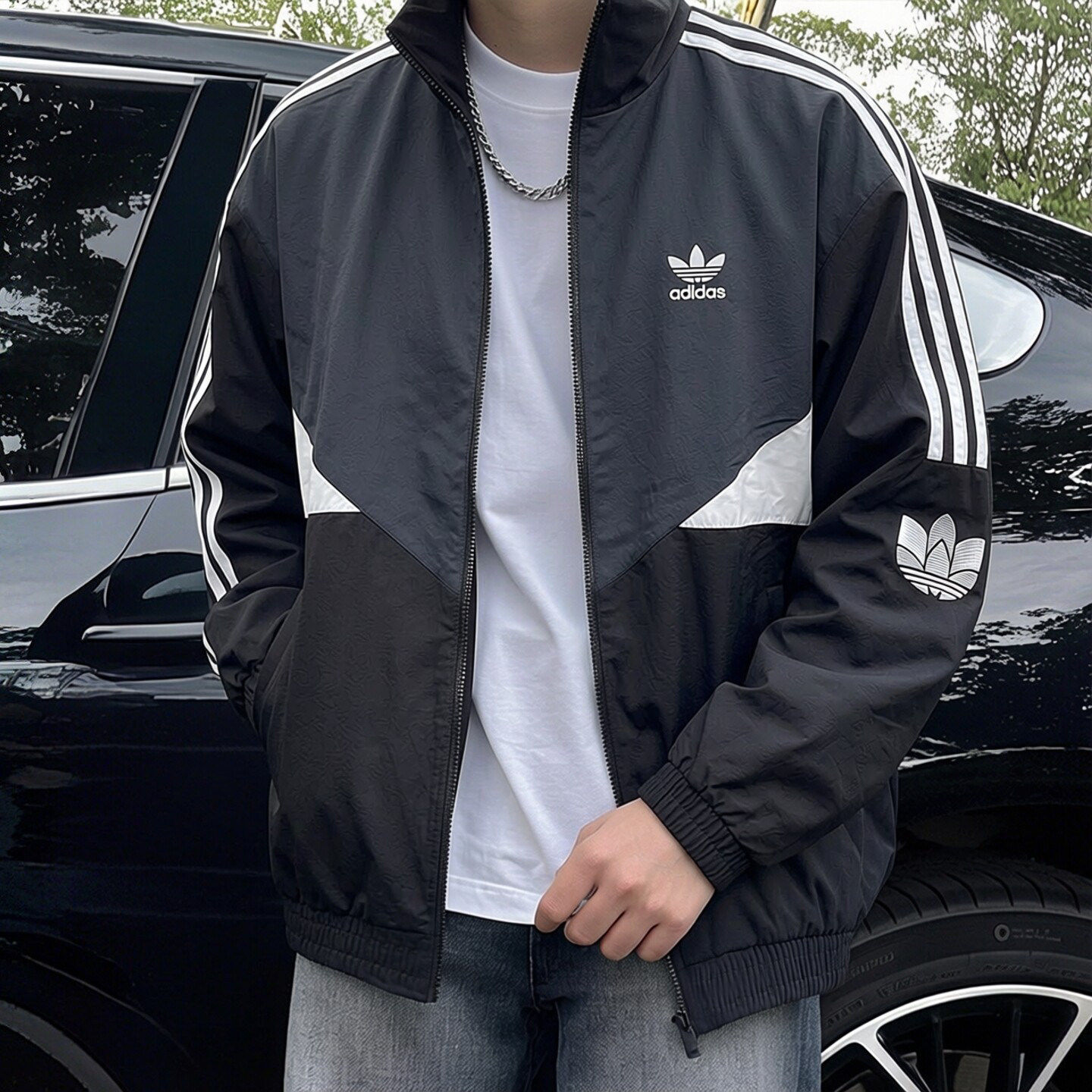 adidas三叶草梭织外套男防风衣秋季新款立领撞色复古美式宽松夹克