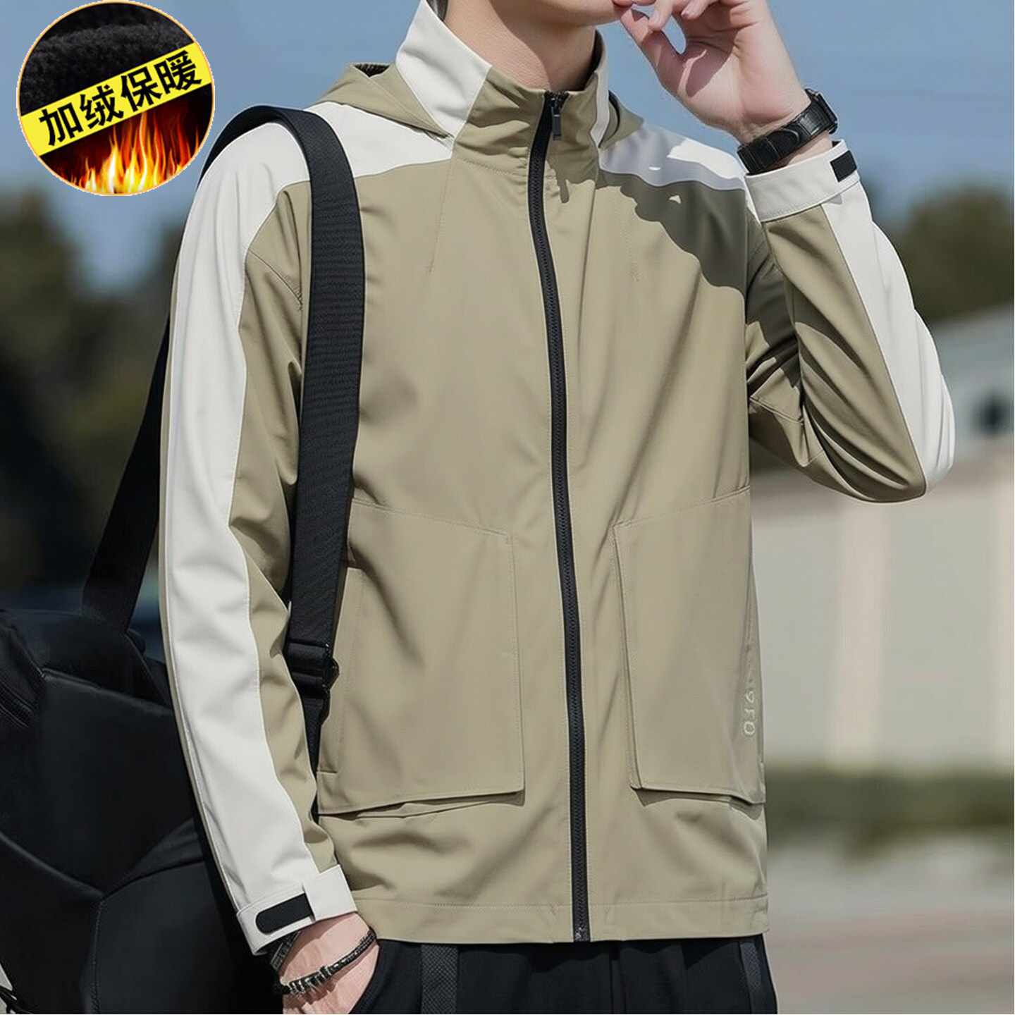 阿迪达斯外套男装新款加绒运动服户外防风软壳夹克连帽工装夹克