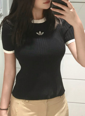 阿迪达斯三叶草短袖女装春季新款时尚修身针织衫休闲T恤KS6110