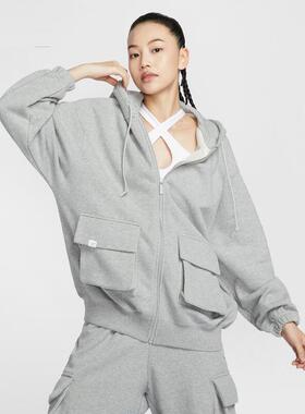 耐克NIKE灰色针织开衫女子外套秋季运动服宽松连帽开衫FV7516-063