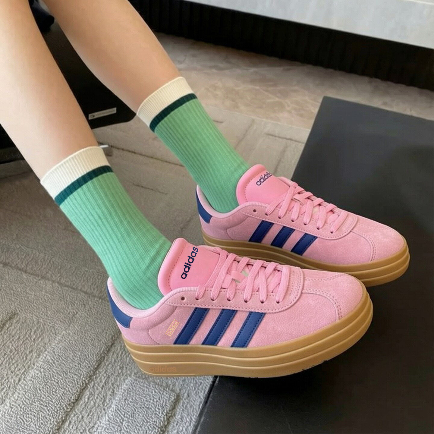 adidas粉色板鞋女秋季新款增高复古厚底美式VL Court Bold休闲鞋