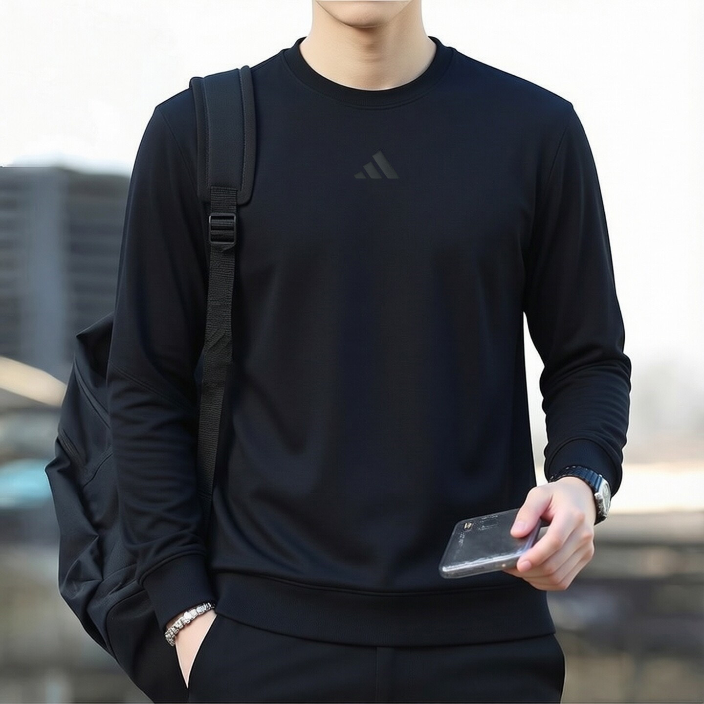阿迪达斯卫衣男士新款圆领长袖休闲外套黑色T恤简约黑色运动服
