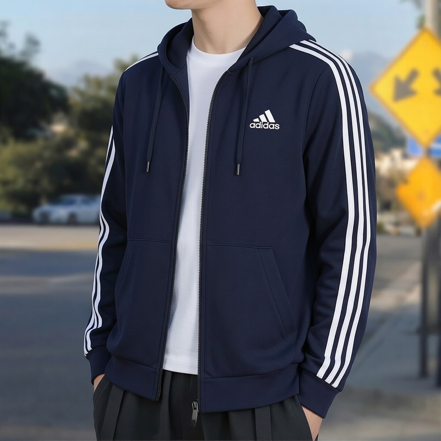 阿迪达斯蓝色外套夹克男士新款运动服针织休闲上衣篮球连帽开衫
