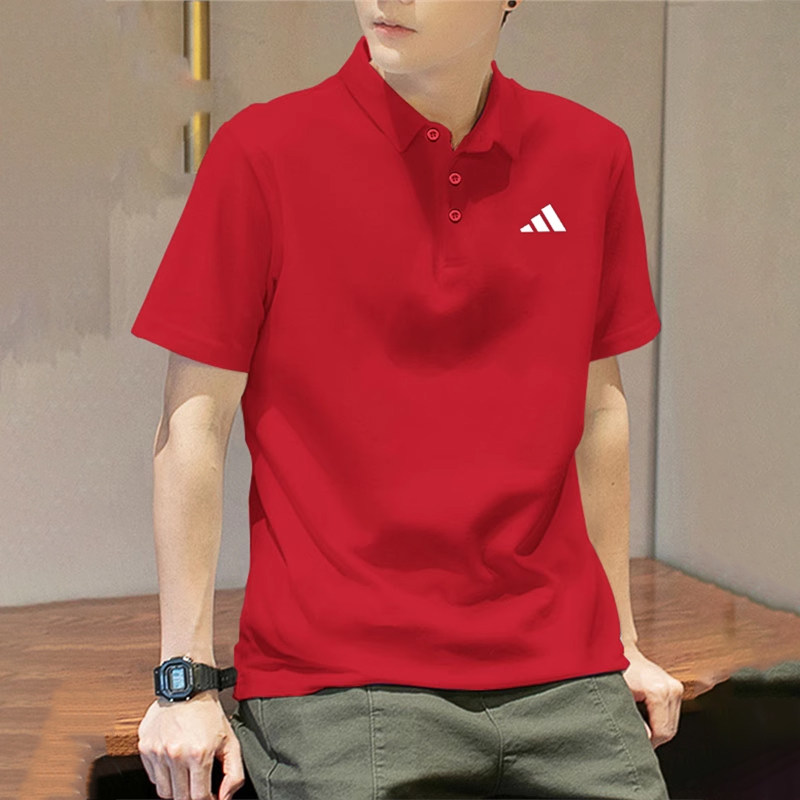 阿迪达斯T恤男红色本命年夏季速干翻领polo衫中年上衣运动休闲服