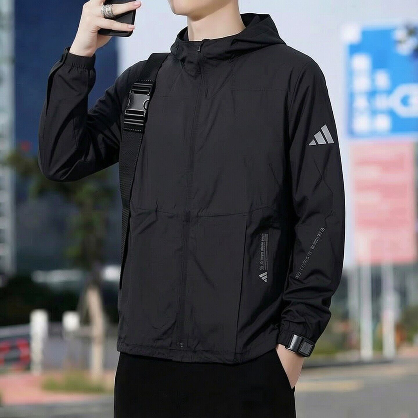 阿迪达斯外套男装新款跑步训练宽松运动服透气舒适连帽风衣夹克