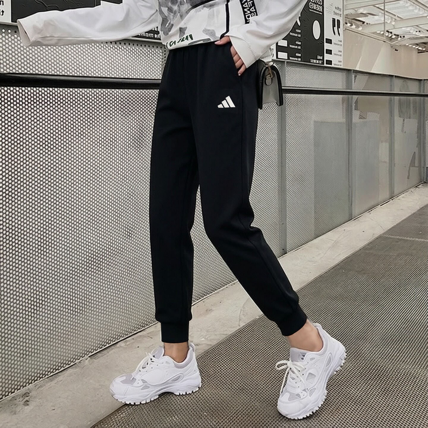 阿迪达斯裤子女小脚裤秋季新款显瘦修身九分休闲针织黑收口运动裤