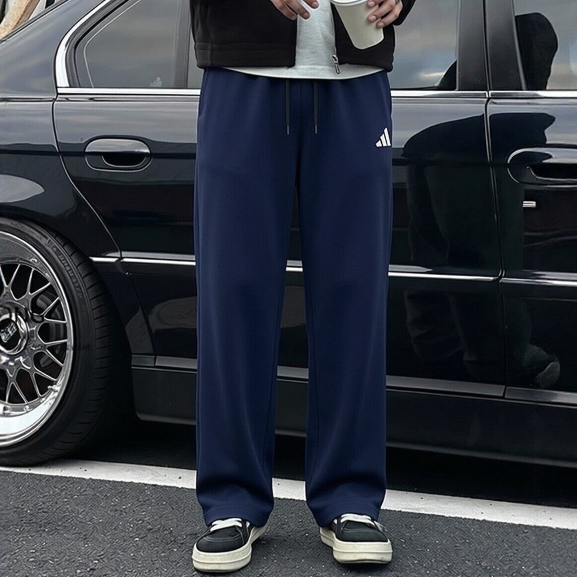 阿迪达斯蓝色男士休闲裤子春秋季新款宽松直筒卫裤男款垂感运动裤